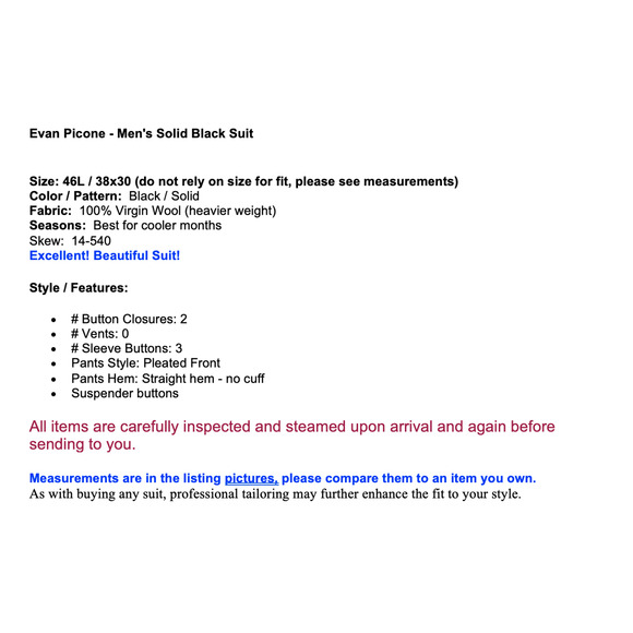 Evan Picone Mens 46L 38x30 Solid Black Heavier 2 Piece Suit Virgin Wool - Picture 2 of 16